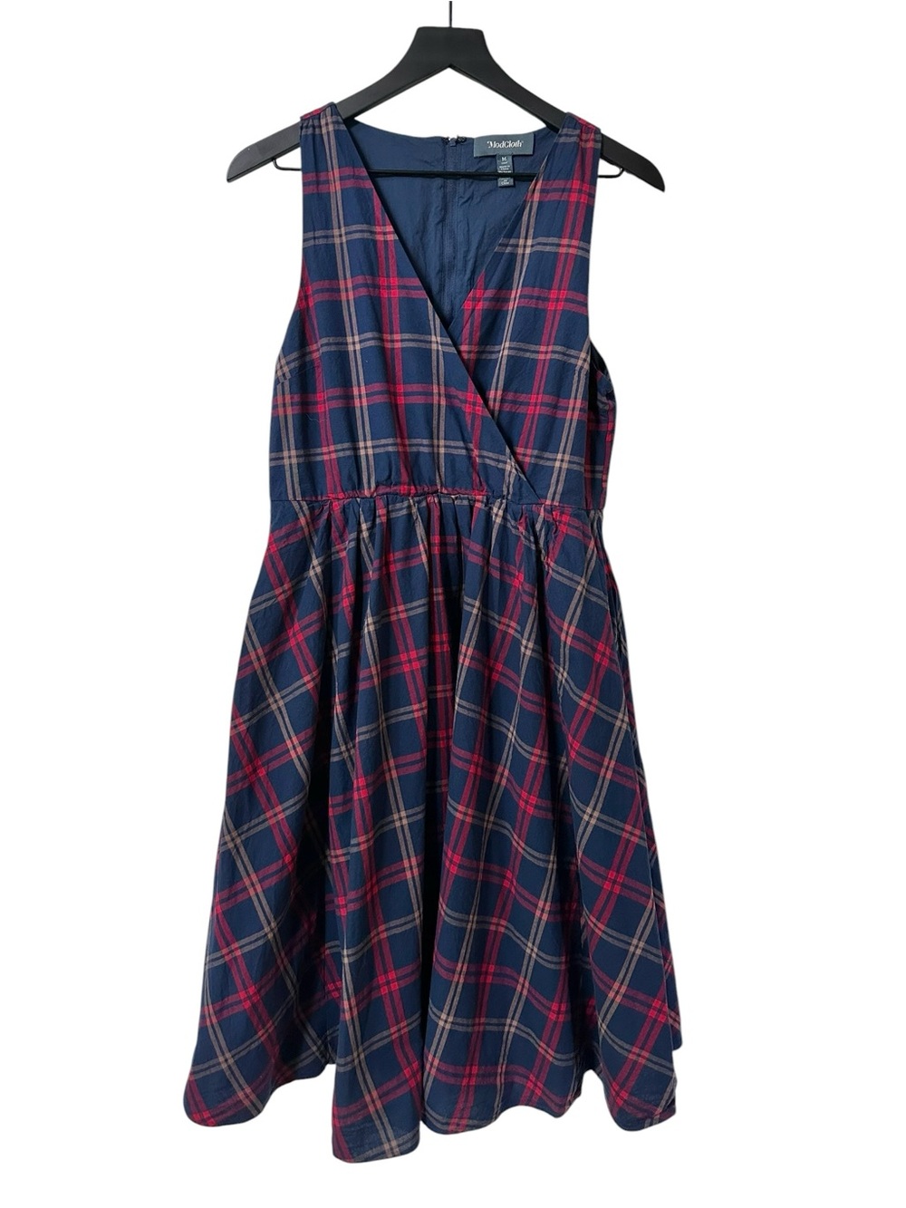 ModCloth Navy Blue Red Plaid Sleeveless Dress